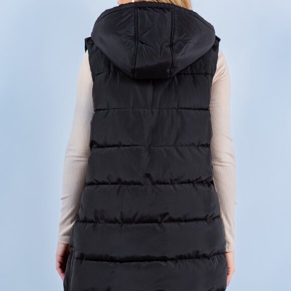 HIgh Collar Sleeveless Puffer Vest with Adjustable Drawstring Hood Fur Lined - Picture 2 of 8